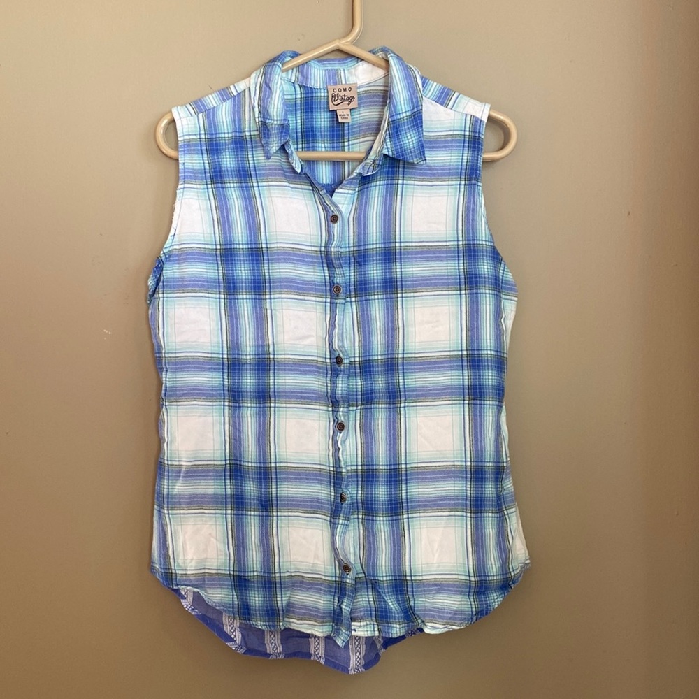 Como Vintage Women’s Sleeveless Plaid Button Up Blouse Size Large, 100% Rayon